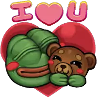 a frog laying on a teddy bear with the words i love you above it