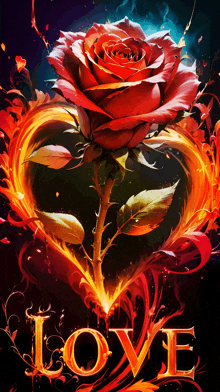 a red rose is surrounded by flames and the word love is written in gold