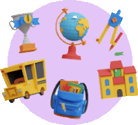 a school bus a globe a trophy a compass a backpack and a school building