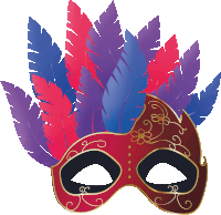 a red carnival mask with blue and purple feathers