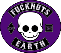 a purple circle with a skull and the words " fucknuts earth "