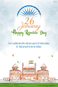 a poster for happy republic day with a drawing of a building