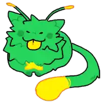 a drawing of a green monster with a yellow tail sticking out its tongue