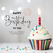 a birthday card for tracey with a cupcake and a lit candle