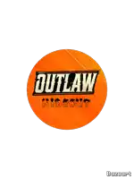 an orange circle with the word outlaw hideout written on it