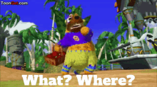 a cartoon character is holding a basket and says " what where "