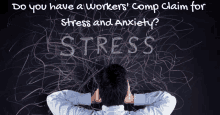 a man covering his ears in front of a blackboard with the word stress written in chalk on it