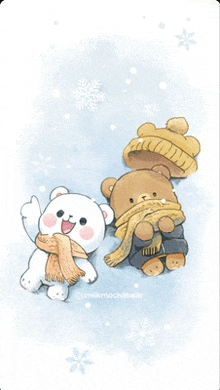 a cartoon of two teddy bears wearing scarves and hats with the watermark milkmochabear