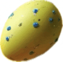 a close up of a yellow egg with blue spots on it .