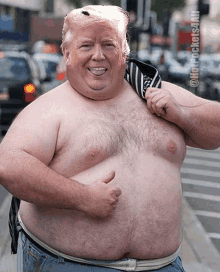 a shirtless donald trump giving a thumbs up while holding a tie