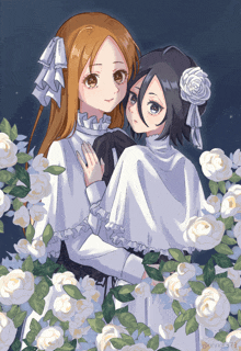 a drawing of two girls surrounded by white flowers has the number 73 on the bottom