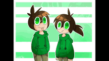 a drawing of a boy and a girl with green eyes