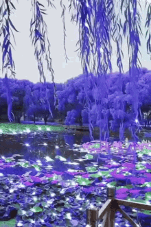 a painting of a lake surrounded by purple trees and lily pads