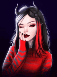 a drawing of a girl with horns and red and black hair