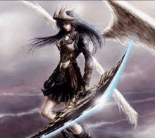 a woman with wings is holding a sword and shield .