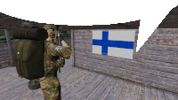 a soldier with a backpack stands in front of a finland flag on a wooden wall