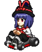 a pixel art of a girl with purple hair and red eyes