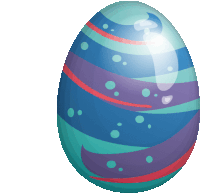 a blue and purple easter egg with red stripes and dots