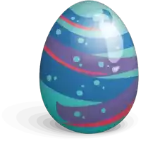 a blue and purple easter egg with red stripes and dots