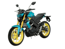 a blue and yellow motorcycle with yellow wheels is sitting on a white background .