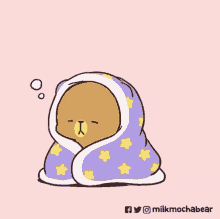 a cartoon of a teddy bear wrapped in a purple blanket with stars .