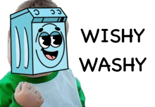 a boy with a washing machine on his head and the words wishy washy below it