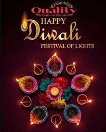 an advertisement for quality natural foods wishes a happy diwali