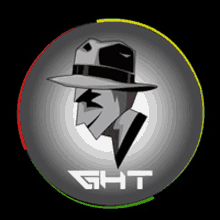 a logo for ght with a man wearing a hat and tie