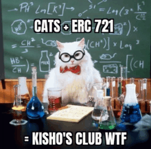 a cat wearing glasses and a bow tie sits in front of a chalkboard with cats + erc 721 on it