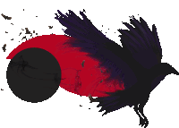 a black bird is flying over a red circle with smoke coming out of it