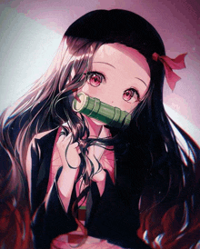 a girl with long hair and red eyes holding a bamboo stick in her mouth