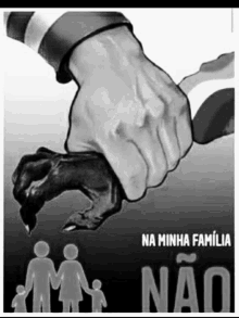 a black and white drawing of a person holding a dog 's paw and the words na minha familia nao