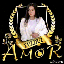 a woman is standing in front of a shield with the name yulduz amor written on it .