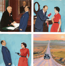 four paintings of a man in a suit and tie talking to a woman in a red dress