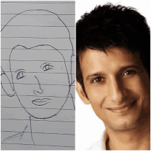 a drawing of a man 's face is next to a picture of the same man