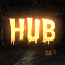 a sign that says hub is lit up in the dark