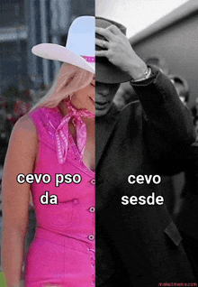 a picture of a woman in a pink dress and a man in a suit with the words cevo pso da and cevo sesde