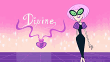 a cartoon character named divine is standing in front of a perfume bottle