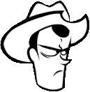 a black and white drawing of a cowboy wearing a cowboy hat and glasses .