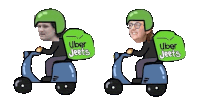 a cartoon of a man and a woman riding scooters with uber jeets on their helmets