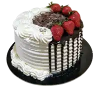 a white and chocolate cake with strawberries on top and the letters ac on the bottom