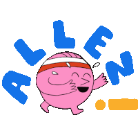 a pink cartoon character is surrounded by blue letters that spell out " allen "