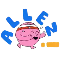 a pink cartoon character is surrounded by blue letters that spell out " allen "