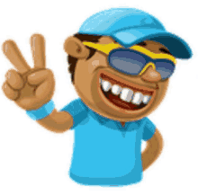 a cartoon of a man wearing sunglasses and a blue hat giving a peace sign