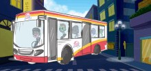 a cartoon drawing of a bus with a sign that says shop in the background