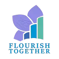 a logo for flourish together with a purple flower in the middle