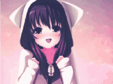 a girl with purple hair is wearing a white cat ear hoodie