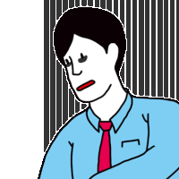 a drawing of a man with his arms crossed wearing a blue shirt and red tie