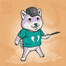 a cartoon drawing of a dog wearing a green shirt and a hat with a skull on it