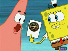 spongebob and patrick are holding a token that says mmmm